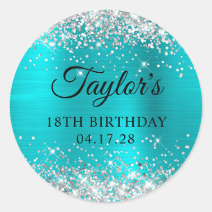 Glittery Silver Turquoise Blue Foil 18th Birthday Classic Round Sticker