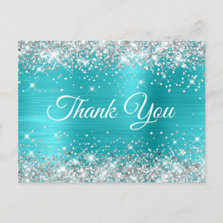 Glittery Silver Turquoise Blue Sweet 16 Thank You Postcard