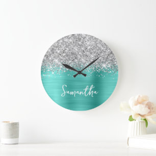 Glittery Silver Turquoise Glam White Script Name Large Clock