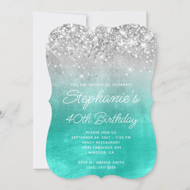 Glittery Silver Turquoise Monogram 40th Birthday Invitation (Front)