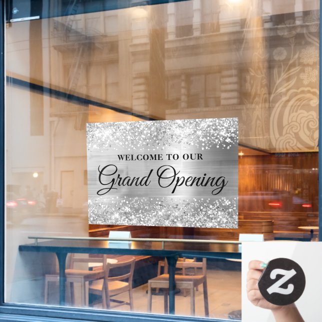 Glittery Silver Welcome to our Grand Opening Window Cling (Cafe Window)