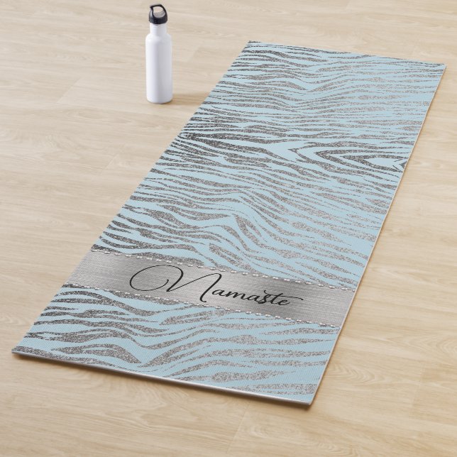 Glittery Silver Zebra Print on Blue Personalised Yoga Mat (In Situ)