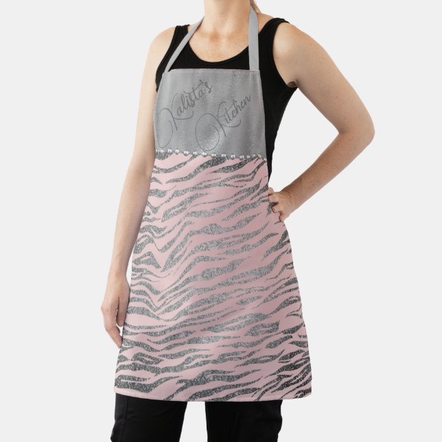 Glittery Silver Zebra Print on Pink Personalised Apron (Insitu)