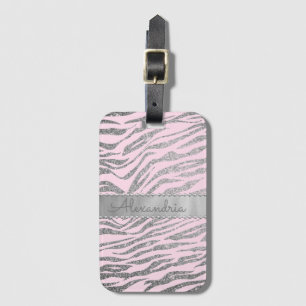 Glittery Silver Zebra Print on Pink Personalised Luggage Tag