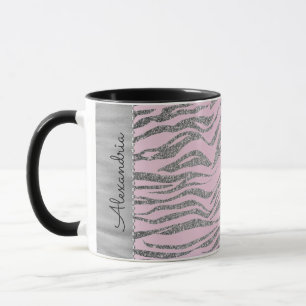 Glittery Silver Zebra Print on Pink Personalised Mug