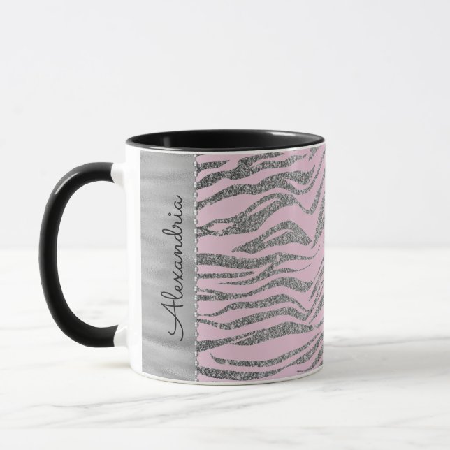 Glittery Silver Zebra Print on Pink Personalised Mug (Left)