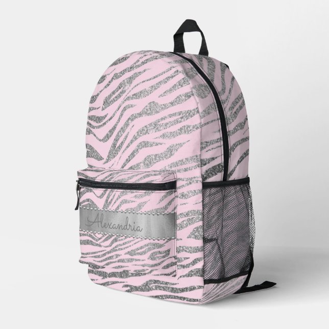 Glittery Silver Zebra Print on Pink  Personalised Printed Backpack (Back Corner Right)