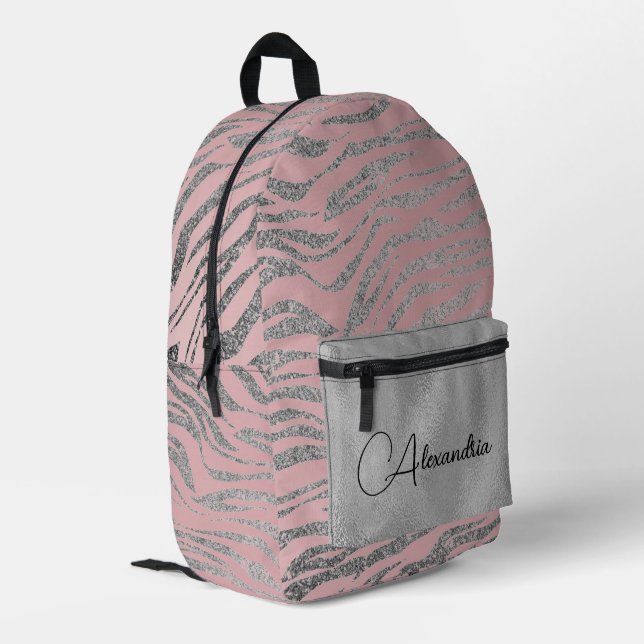 Glittery Silver Zebra Print on Pink Personalised  Printed Backpack (Back Corner Left)