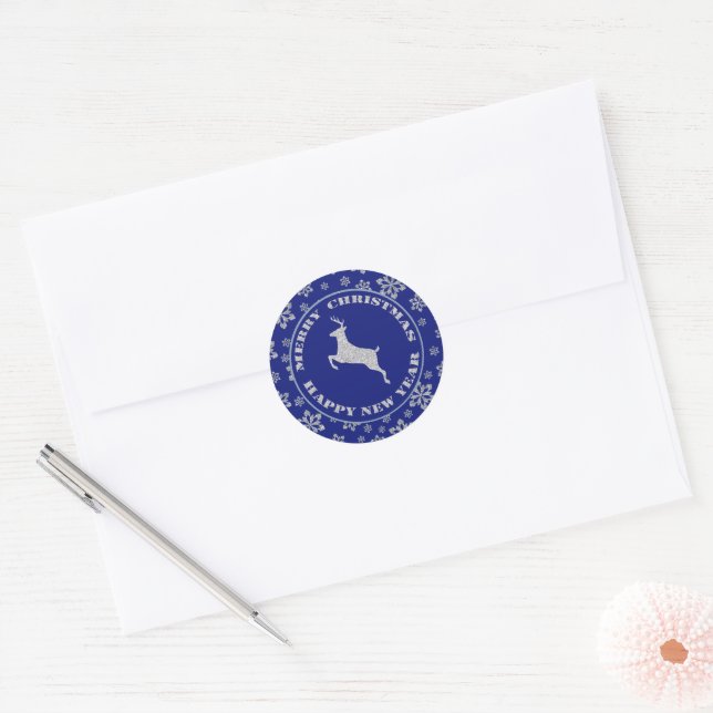 Glittery Snowflake Reindeer Blue Classic Round Sticker (Envelope)