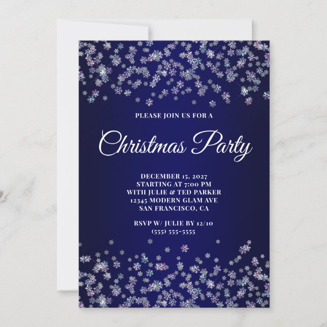 Glittery Snowflakes Navy Ombre Christmas Party Invitation (Front)