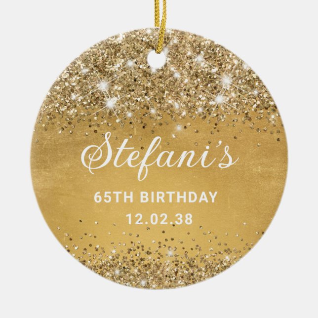 Glittery Soft Gold Foil 65th Birthday Classic Cera Ceramic Tree Decoration (Front)