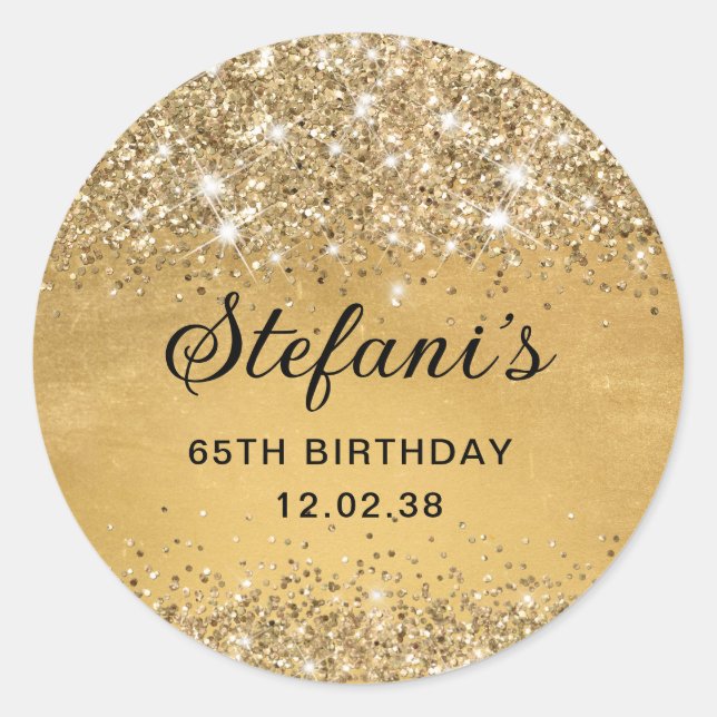 Glittery Soft Gold Foil 65th Birthday Classic Classic Round Sticker (Front)