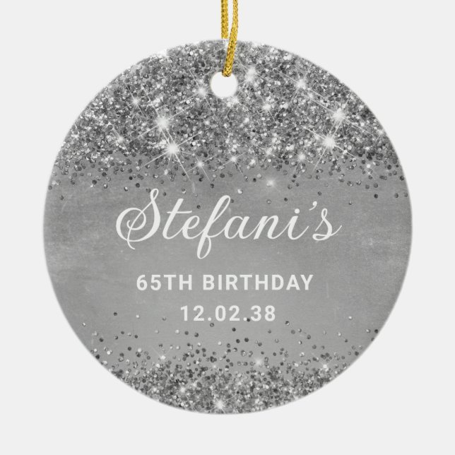 Glittery Soft Silver Foil 65th Birthday Classic Ceramic Tree Decoration (Front)