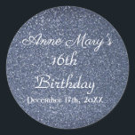 Glittery Sparkle 16th Birthday Custom Blue Grey Classic Round Sticker<br><div class="desc">Designed with bright and colourful glittery blue grey sparkle background! You may change the custom texts as you wish.</div>