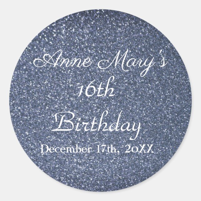 Glittery Sparkle 16th Birthday Custom Blue Grey Classic Round Sticker (Front)
