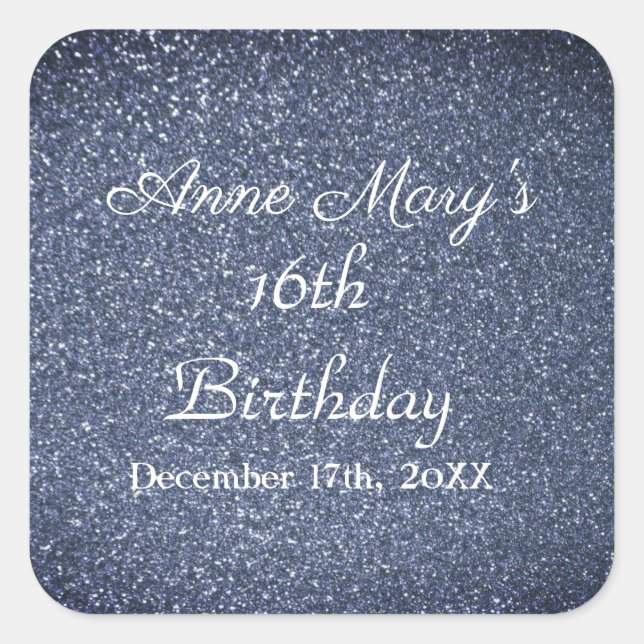 Glittery Sparkle 16th Birthday Custom Dusty Blue Square Sticker (Front)