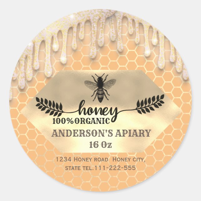 Glittery sparkle drips calligraphy honey branch classic round sticker (Front)