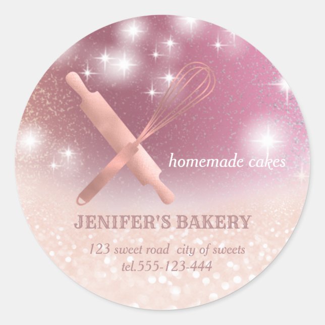 Glittery sparkle rolling pin & whisk chef bakery c classic round sticker (Front)