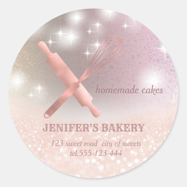 Glittery sparkle rolling pin & whisk chef bakery classic round sticker (Front)