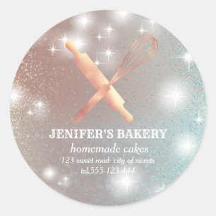 Glittery sparkle rolling pin & whisk chef bakery classic round sticker