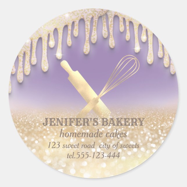 Glittery sparkle rolling pin & whisk chef bakery classic round sticker (Front)