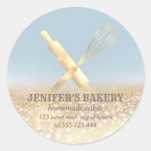 Glittery sparkle rolling pin & whisk chef bakery classic round sticker