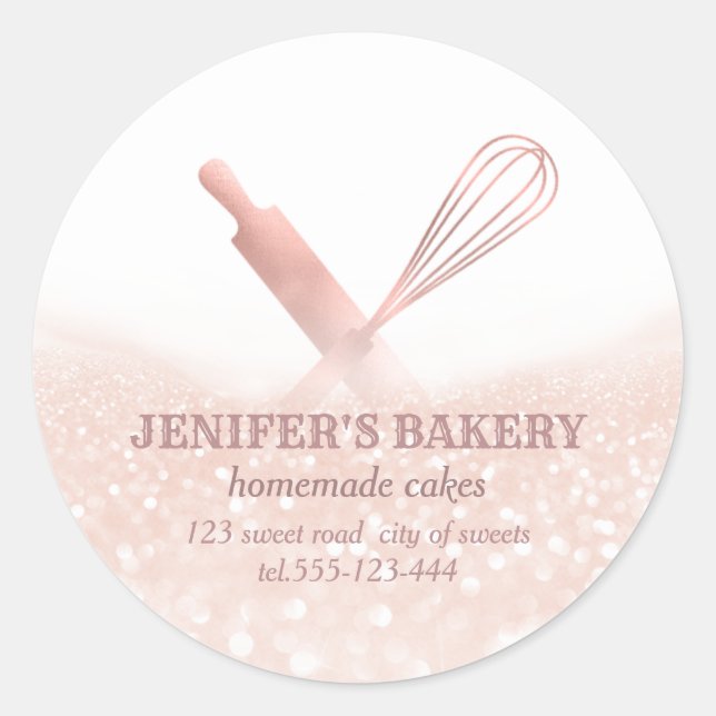 Glittery sparkle rolling pin & whisk chef bakery classic round sticker (Front)