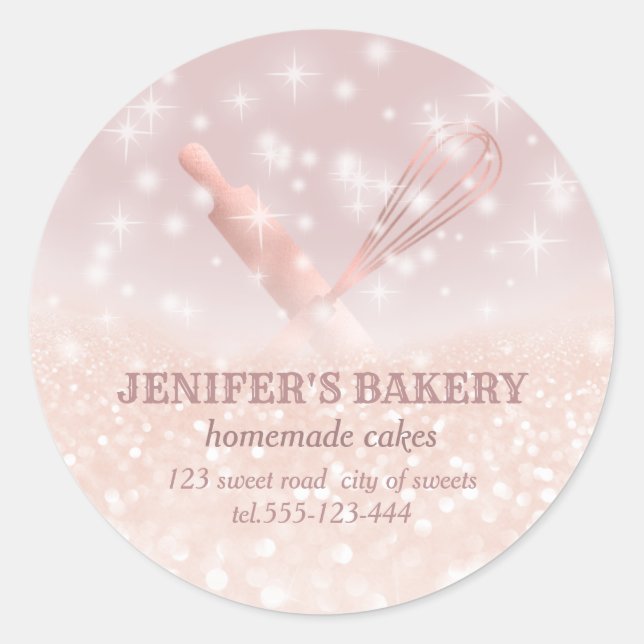 Glittery sparkle rolling pin & whisk chef bakery classic round sticker (Front)