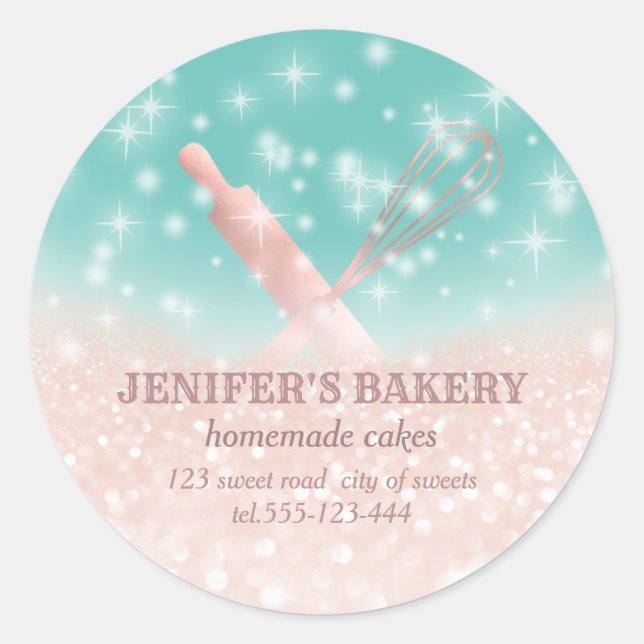 Glittery sparkle rolling pin & whisk chef bakery classic round sticker (Front)