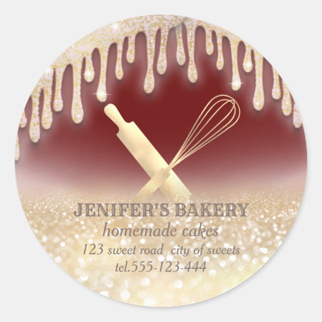 Glittery sparkle rolling pin & whisk chef bakery classic round sticker (Front)