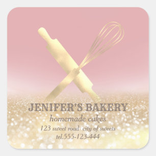 Glittery sparkle rolling pin & whisk chef bakery square sticker