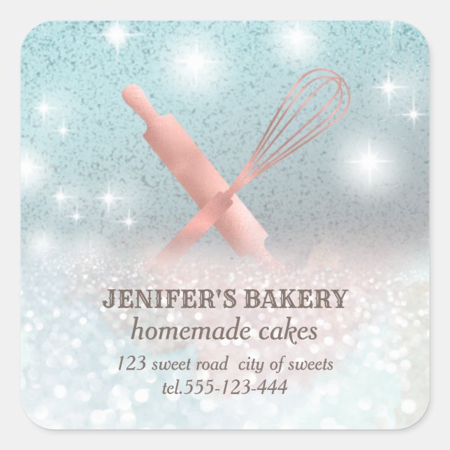 Glittery sparkle rolling pin & whisk chef bakery square sticker (Front)