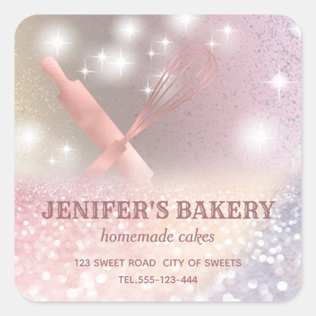 Glittery sparkle rolling pin & whisk chef bakery  square sticker (Front)
