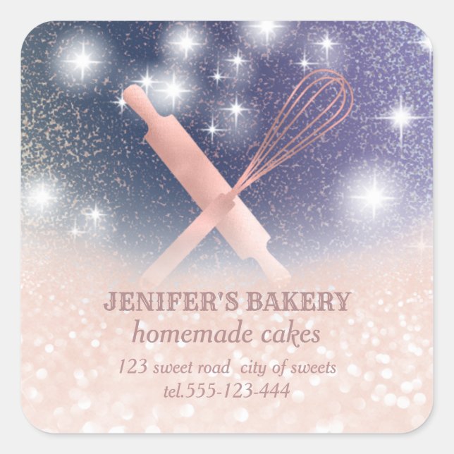 Glittery sparkle rolling pin & whisk chef bakery square sticker (Front)