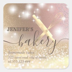 Glittery sparkle rolling pin & whisk chef bakery square sticker