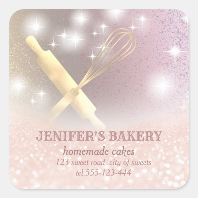 Glittery sparkle rolling pin & whisk chef bakery square sticker (Front)