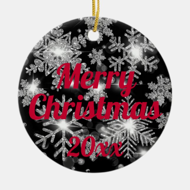 Glittery sparkling silver festive snowflake  ceramic tree decoration (Front)