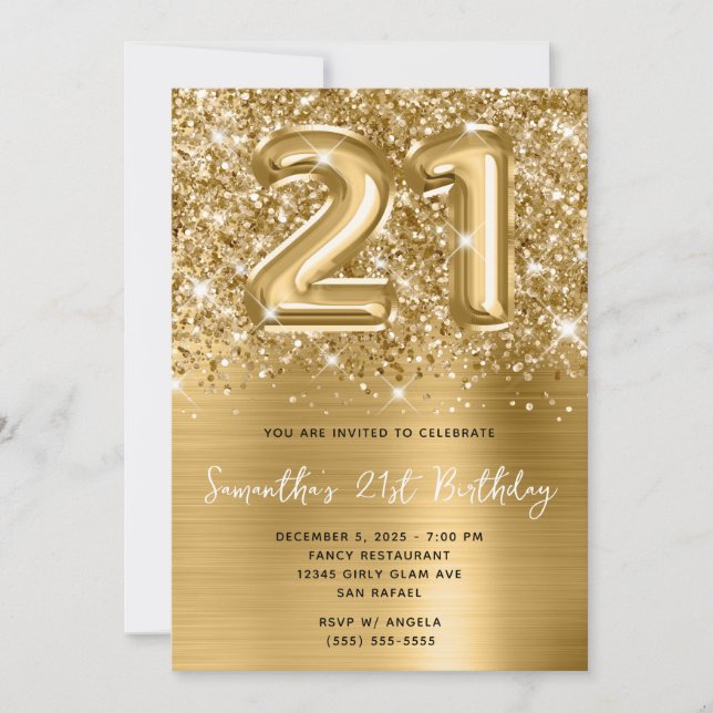 Glittery Sparkly Gold Balloon Glam 21st Birthday Invitation (Front)