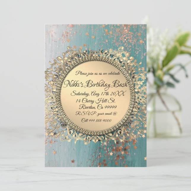 Glittery Stardust on Blue Personalised Birthday Invitation (Standing Front)