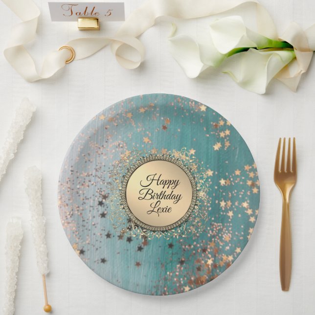Glittery Stardust on Blue Personalized Birthday  Paper Plate (Wedding)