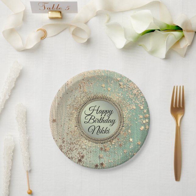Glittery Stardust on Green Teal Birthday Custom Paper Plate (Wedding)