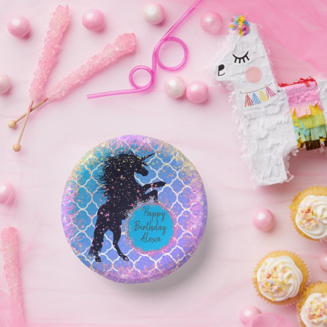 Glittery Starry Whimsical Unicorn Birthday Custom Paper Plate (Party)