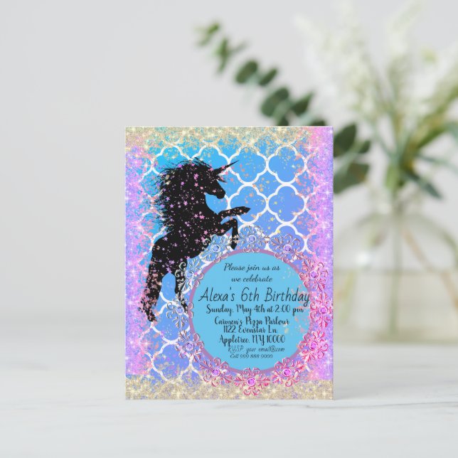 Glittery Starry Whimsical Unicorn Custom Postcard (Standing Front)