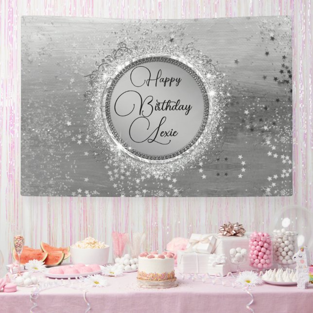Glittery Stars on Silver Personalised Birthday Banner (Party)