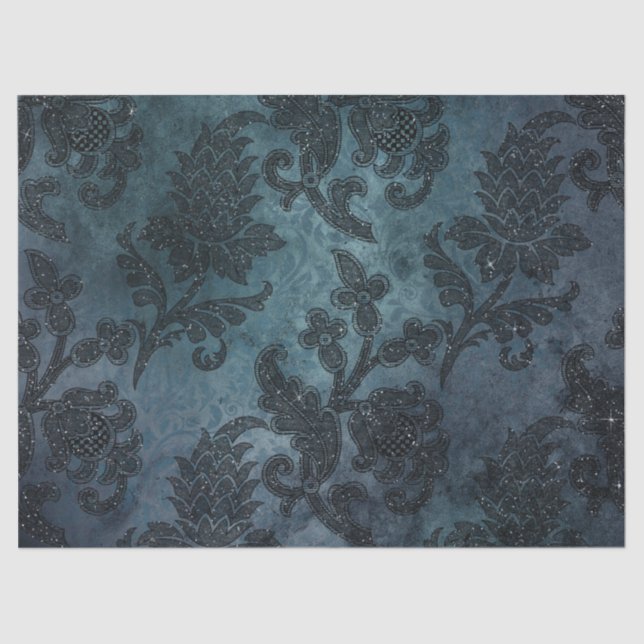 Glittery Stencil Flowers on Green/Blue Decoupage Tissue Paper (Front)