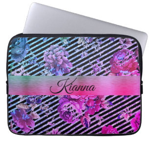 Glittery Stripe Hot Pink and Teal Floral           Laptop Sleeve