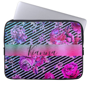 Glittery Striped Pink Teal Floral Laptop Sleeve