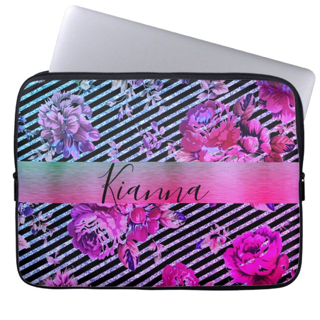 Glittery Striped Pink Teal Floral Laptop Sleeve (Front)