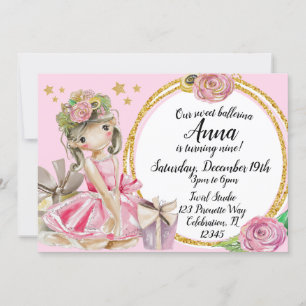 Glittery Sweet Little Ballerina Floral Birthday Invitation