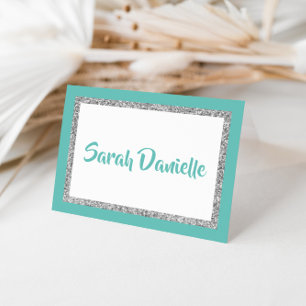 Glittery Teal and Silver Personalised Note Card